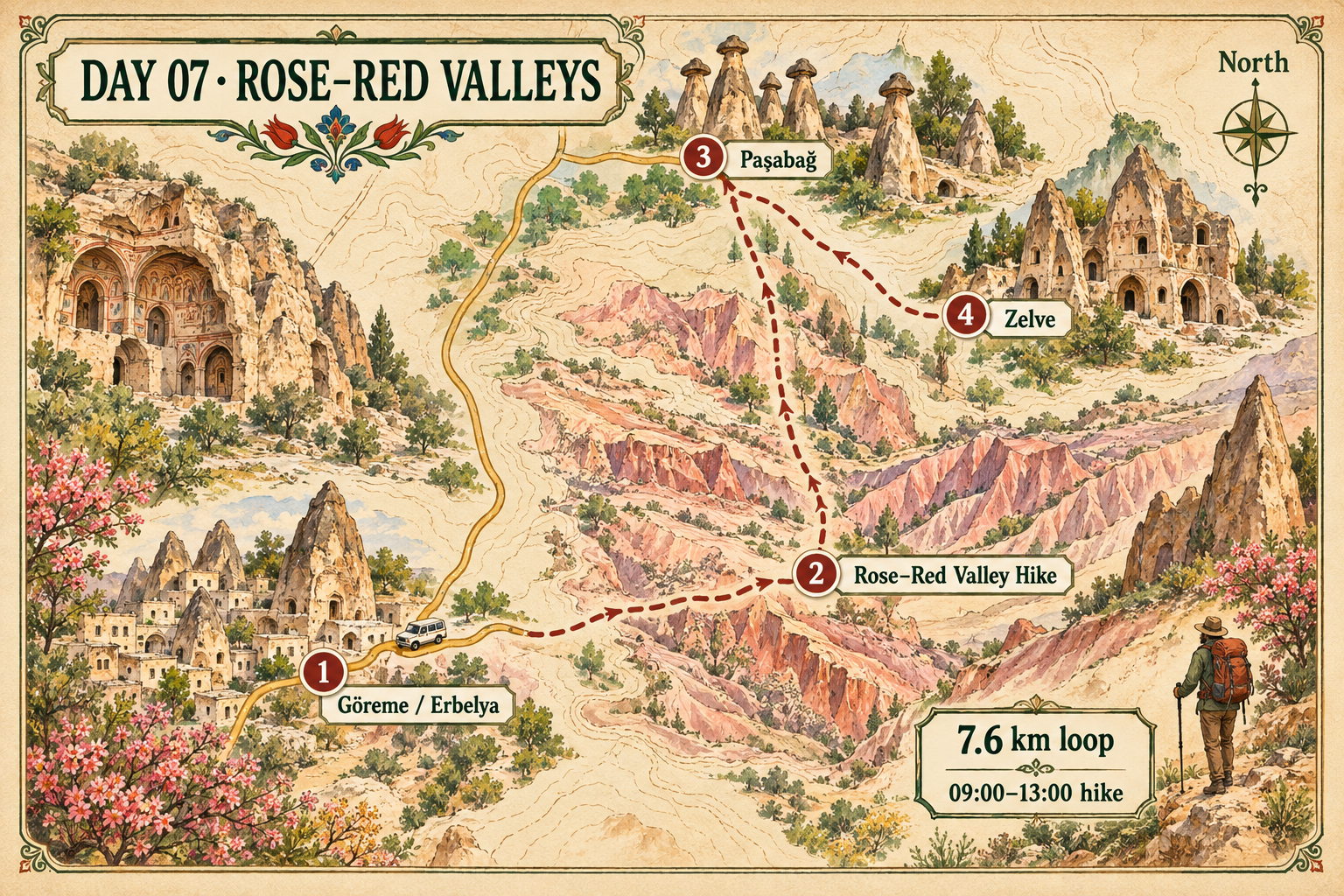 Göreme、Rose–Red Valley、Paşabağ与Zelve插画路线